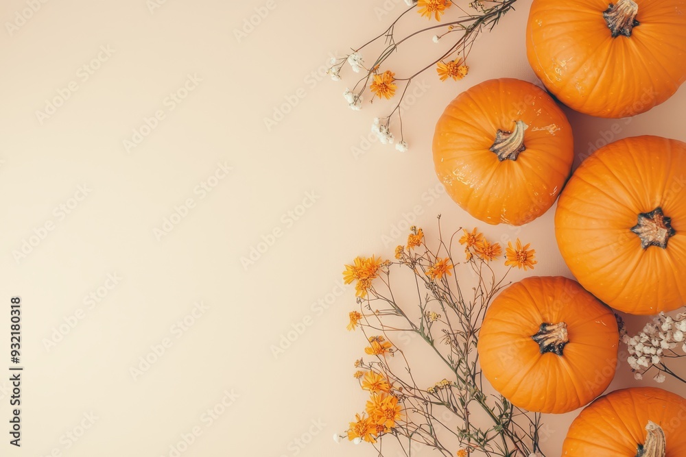 A collection of bright orange pumpkins is elegantly arranged alongside small yellow and white flowers on a soft pastel surface. A collection of bright orange pumpkins is elegantly arranged alongside small yellow and white flowers on a soft pastel surface.