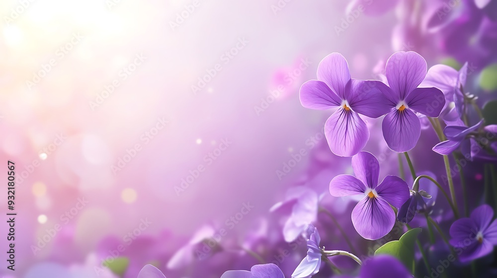 A delicate cluster of purple violets blooms in the soft glow of sunlight, creating a romantic and serene atmosphere. A delicate cluster of purple violets blooms in the soft glow of sunlight, creating a romantic and serene atmosphere.
