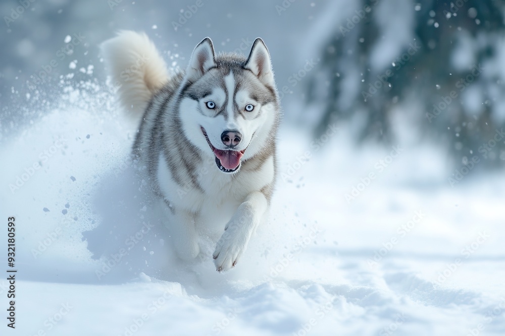 Siberian Husky sprinting in snowy landscape Siberian Husky sprinting in snowy landscape