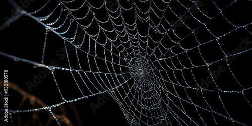 Detailreiches Spinnennetz mit Tautropfen besetzt, das durch seine feinen Fäden und die kontrastreiche Beleuchtung in einem dunklen Hintergrund besticht photo