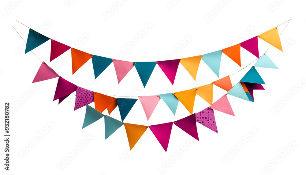 Obraz premium Colorful paper bunting flags strung on twine, forming a festive arch. Perfect for celebrations, parties, and events.