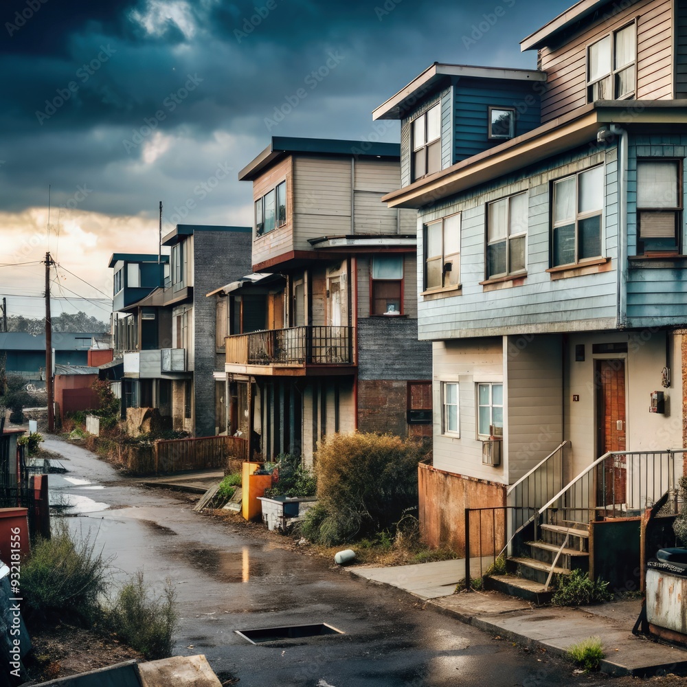 Row of simple homes in a modern low-income neighborhood after a rainstorm. Generative AI Row of simple homes in a modern low-income neighborhood after a rainstorm. Generative AI