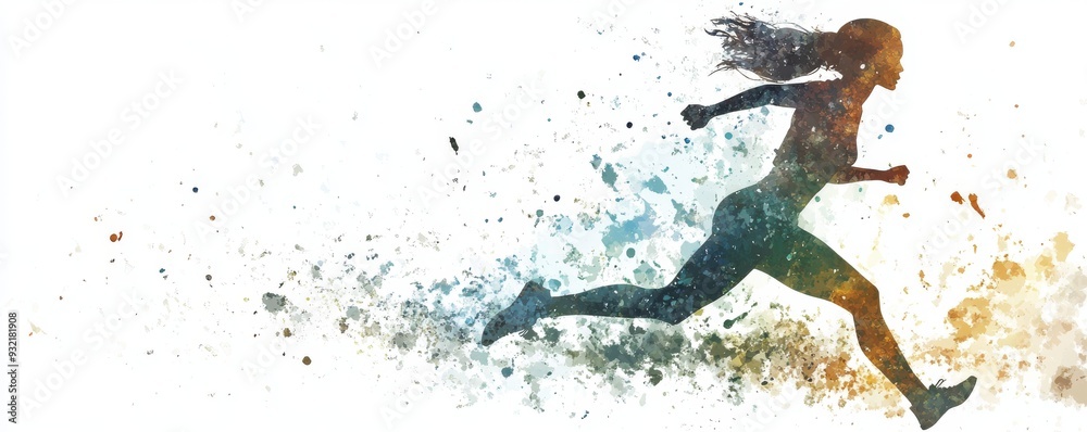 Artistic watercolor illustration of a woman running depicting energy and motion Artistic watercolor illustration of a woman running depicting energy and motion