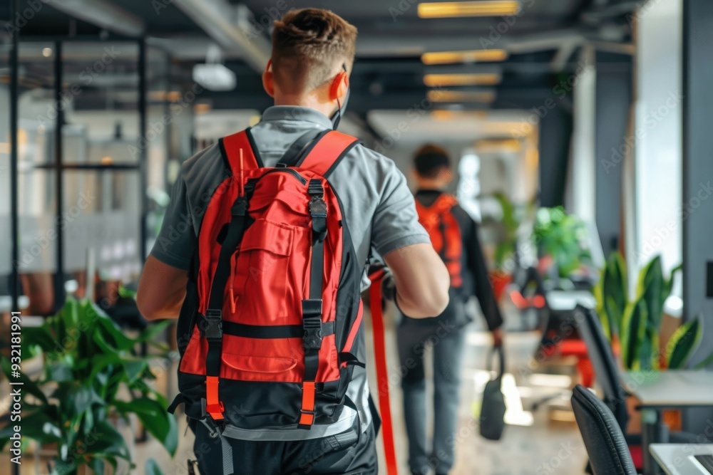 Two technicians carry equipment as they approach an office to perform pest management services. Two technicians carry equipment as they approach an office to perform pest management services.