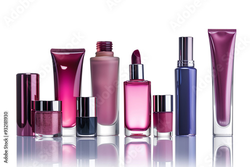 Collection of make up and cosmetic beauty products on white background