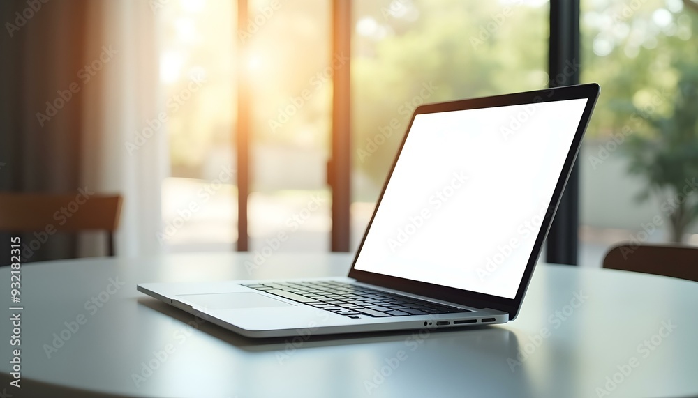 laptop lying open on a neat table, in the background natural light can be seen coming in through the window, laptop with blank screen on the table near the window, laptop lying open on a neat table, in the background natural light can be seen coming in through the window, laptop with blank screen on the table near the window,