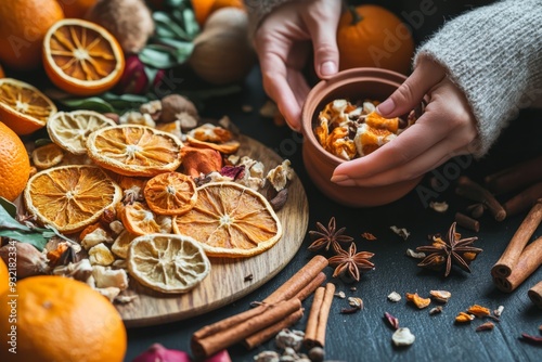 Hands skillfully arrange dried fruits and spices into a small pot, surrounded by fragrant orange slices and decorative elements.