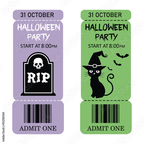 Halloween invitation card. Halloween party tickets hand drawn isolated on white background. Green and purple tickets with cat and grave.
