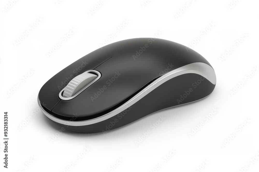 Black Wireless Mouse Isolated on White Background - A modern black wireless computer mouse with a silver scroll wheel and trim. It is isolated on a white background. It symbolizes technology, connecti Black Wireless Mouse Isolated on White Background - A modern black wireless computer mouse with a silver scroll wheel and trim. It is isolated on a white background. It symbolizes technology, connecti