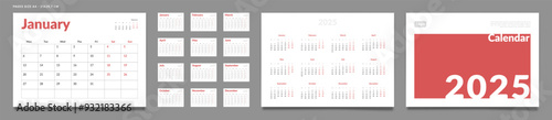 Set of 2025 Pages Monthly Calendar Planner Templates, Cover with Place for Photo, Company Logo, Annual. Design of Vector layout Calendar Pages size A4-21x29.7 cm in for print. Week start on Monday