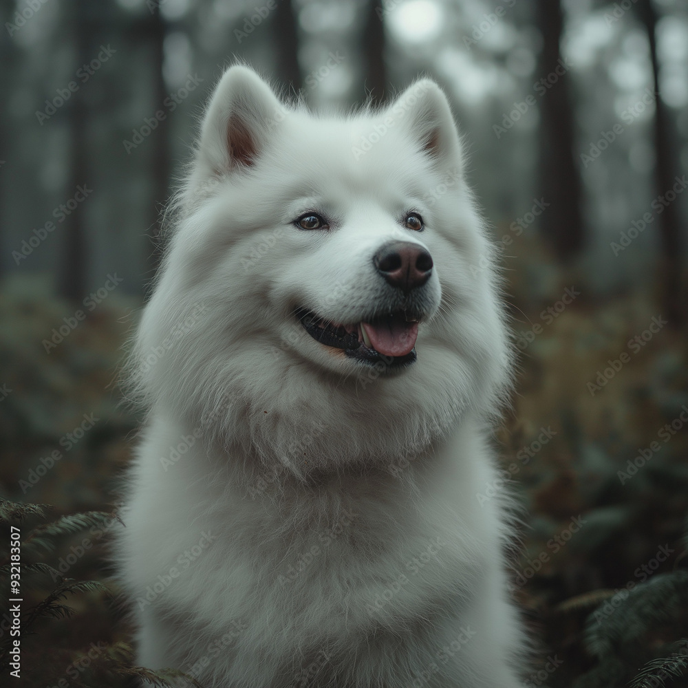 A white dog with a black nose and a black tongue is standing in a forest A white dog with a black nose and a black tongue is standing in a forest