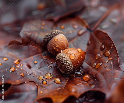 Acorns Resting on Autumn Leaves with Dew Drops