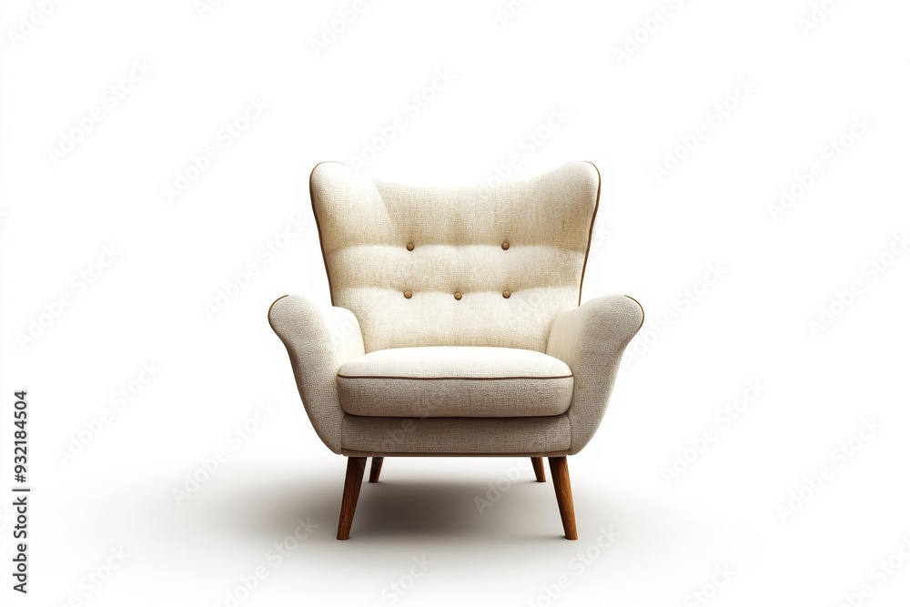 Comfortable White Armchair with Wooden Legs - Isolated on White Background - A classic and comfortable white armchair with wooden legs, perfect for relaxing and enjoying a good book. The armchair is i Comfortable White Armchair with Wooden Legs - Isolated on White Background - A classic and comfortable white armchair with wooden legs, perfect for relaxing and enjoying a good book. The armchair is i