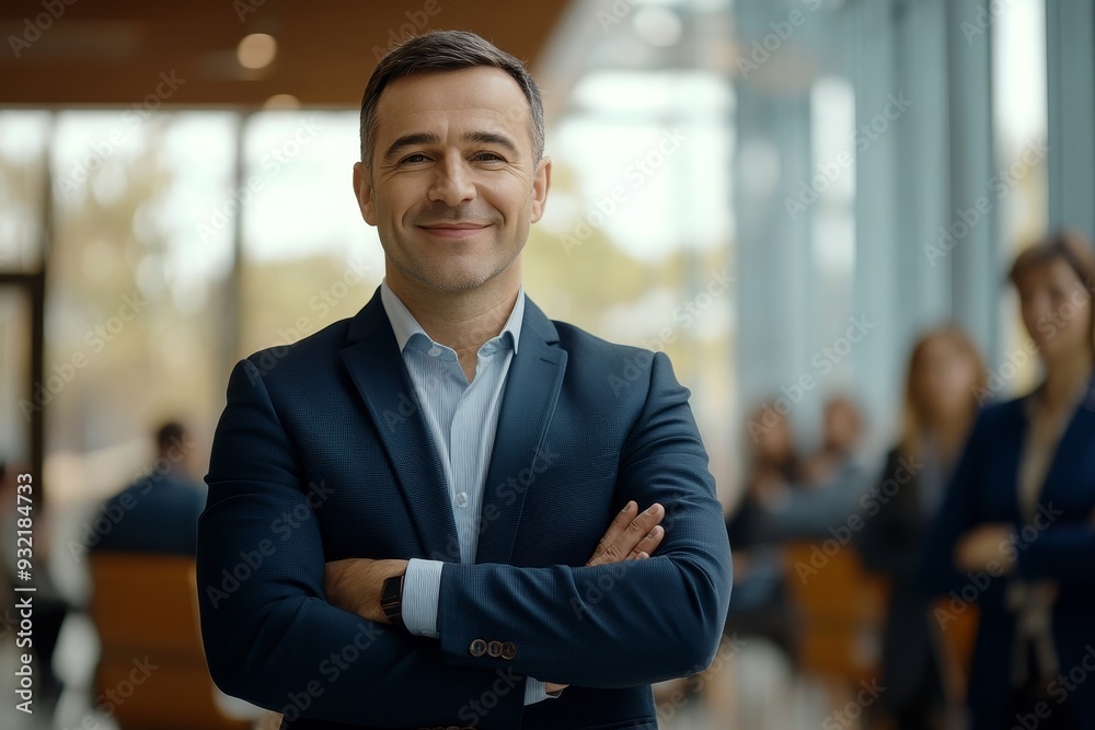 Confident Businessman Smiling with Arms Crossed in Modern Office - A successful businessman with a confident smile stands with arms crossed in a modern office setting. The image symbolizes success, le Confident Businessman Smiling with Arms Crossed in Modern Office - A successful businessman with a confident smile stands with arms crossed in a modern office setting. The image symbolizes success, le