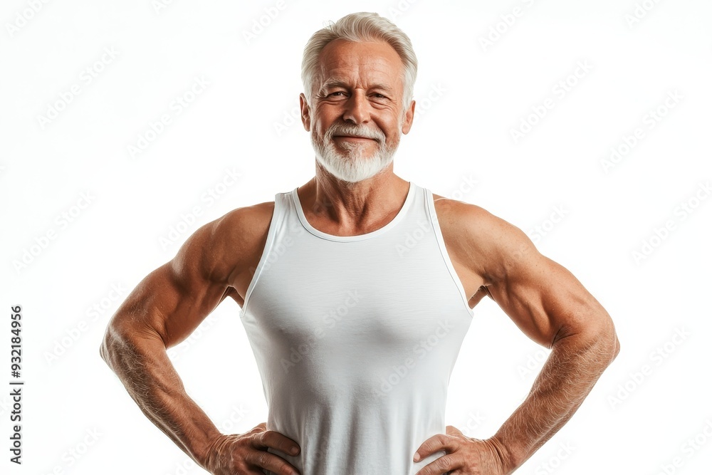 Confident Senior Man in White Tank Top Smiling - A senior man with a strong physique is wearing a white tank top and is smiling confidently. He is symbolizing health, strength, fitness, determination Confident Senior Man in White Tank Top Smiling - A senior man with a strong physique is wearing a white tank top and is smiling confidently. He is symbolizing health, strength, fitness, determination