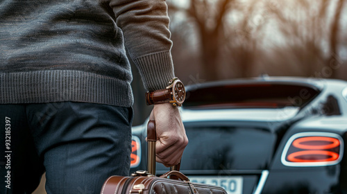 A man stands next to a sleek car, holding a briefcase in one hand, showcasing an elegant style as the sun sets