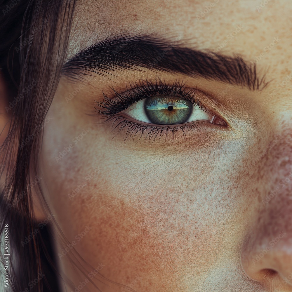 Obraz premium Close-up of a young woman's striking green eye with freckles