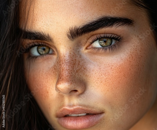 Close-up of a young woman with freckles and striking green eyes