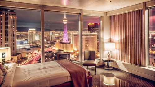 Luxurious hotel room with a view of Las Vegas city lights at night. Generative AI photo