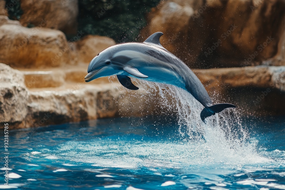 Obraz premium Dolphin Leaping Out of the Water - A dolphin leaps out of the water, showcasing its agility and grace. The dolphin's sleek body cuts through the air, leaving a trail of sparkling water behind.