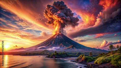 Majestic volcano erupts at sunset, casting ash and fire over the landscape. Generative AI