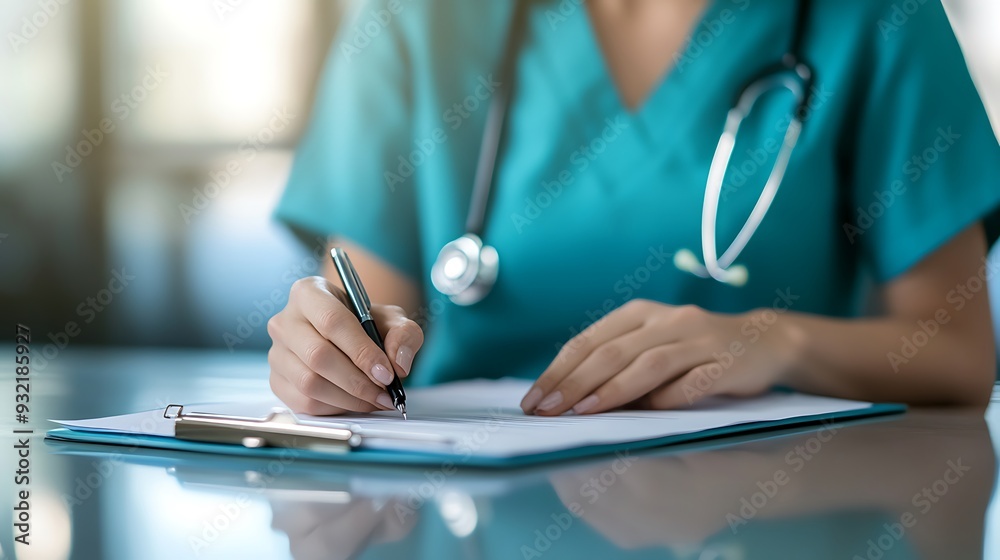 Obraz premium A female doctor in a blue scrubs writes on a clipboard with a pen.