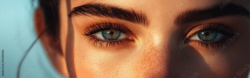 Close-up of blue-eyed person with defined brows and natural light Close-up of blue-eyed person with defined brows and natural light