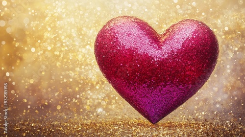 Sparkling red heart on golden glitter background