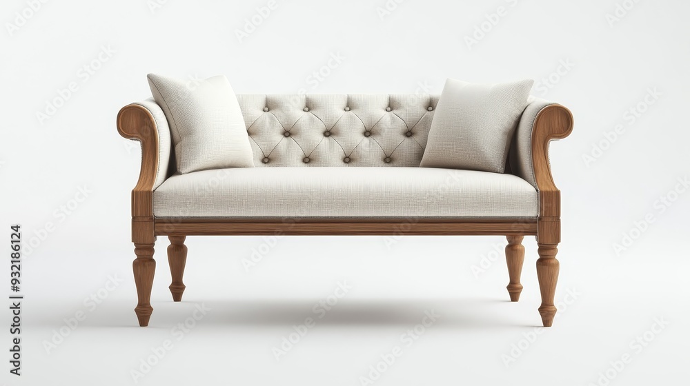 Fototapeta premium Elegant White Upholstered Sofa with Wooden Frame - This image features a classic white tufted sofa with a wooden frame and legs. The sofa is elegant and stylish with a timeless design.