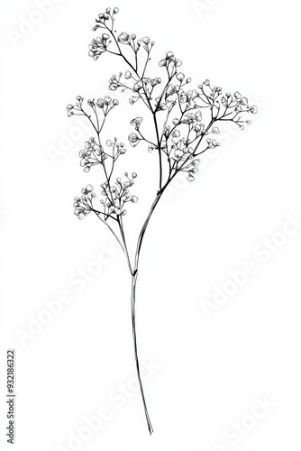 black and white transparent line drawing of a Babys Breath, white background, 