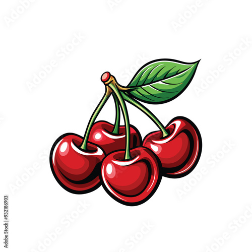 Generate a clean vector image of a bunch of cherries with a leaf.