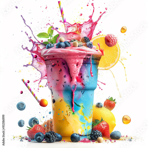 smoothie fruit splash colorful berries vibrant refreshing drink mix cup fresh splatter citrus sweet artistic creative fluid beverage dessert cold summer rant fruity  photo