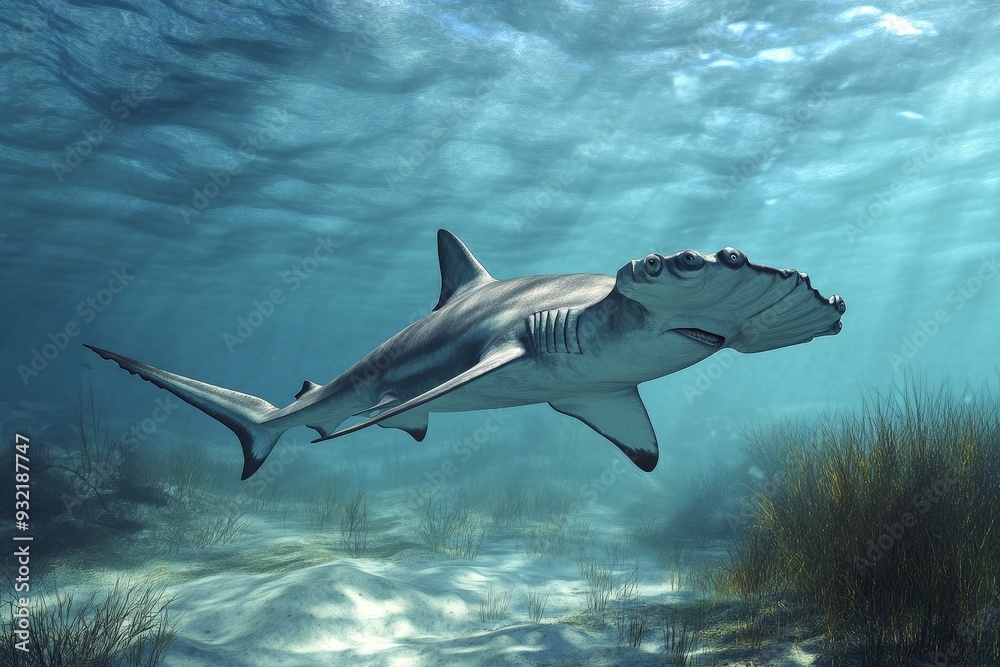 Obraz premium Hammerhead Shark Swimming in the Ocean - A majestic hammerhead shark glides effortlessly through the crystal-clear waters, symbolizing power, grace, intelligence, mystery, and the wonders of the ocean