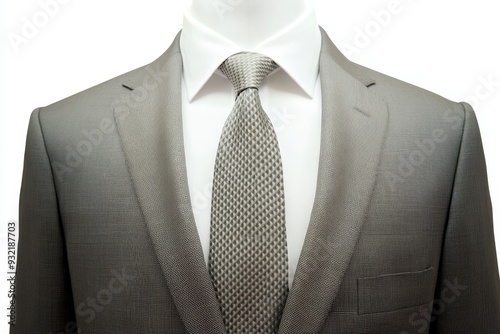 Grey Suit with White Shirt and Silver Tie - A close-up of a man's grey suit, with a white shirt and silver tie. The image symbolizes professionalism, success, and confidence.