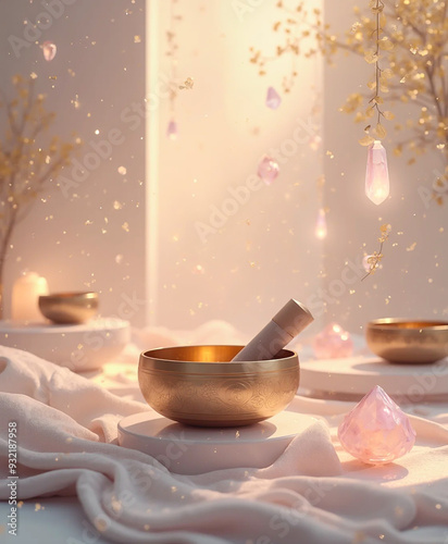 Singing bowls - sound healing & crystals - Alternative therapy - Boho Chic - AI generated