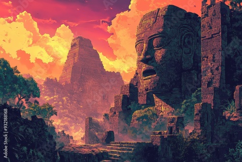 Ancient Stone Structures and Lush Jungle Landscape under a Dramatic Sunset Sky