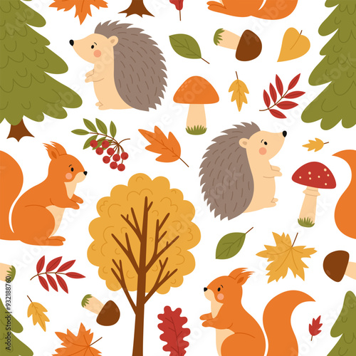 Seamless pattern with autumn forest. Trees, leaves, mushrooms, rowan, squirrel and hedgehog. Woodland plants and animals. Fall season print. Vector flat illustration isolated on white background