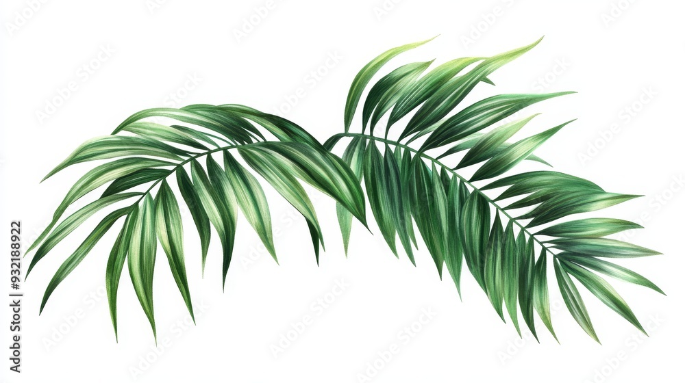 Lush Green Palm Leaves Isolated on White Background - Two vibrant green palm leaves, showcasing tropical foliage, isolated against a white backdrop. Symbolizing nature, growth, summer, vacation, and t Lush Green Palm Leaves Isolated on White Background - Two vibrant green palm leaves, showcasing tropical foliage, isolated against a white backdrop. Symbolizing nature, growth, summer, vacation, and t