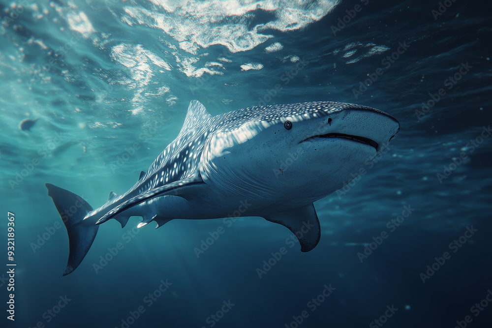 Fototapeta premium Majestic Whale Shark Swimming in the Ocean - A whale shark gracefully glides through the crystal-clear ocean water, its massive size and distinctive spots making it a truly awe-inspiring sight. The sh