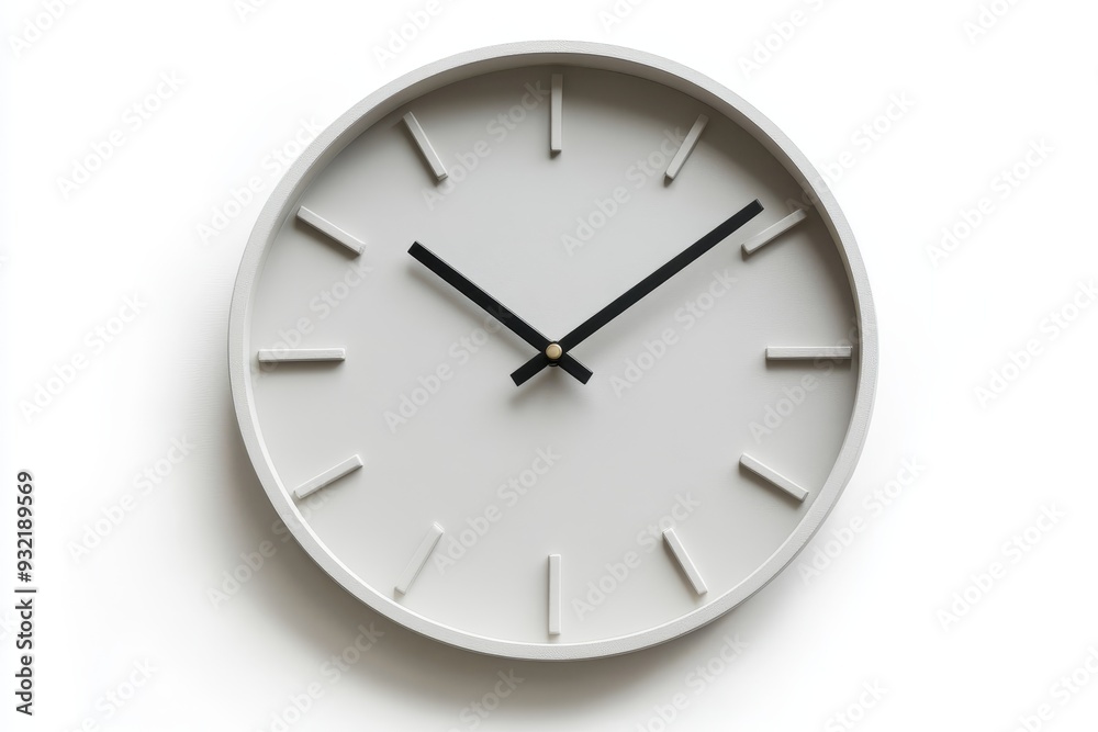 Minimalist White Clock on White Background - A simple white clock with black hands against a white background, symbolizing time, minimalism, simplicity, organization, and efficiency. Minimalist White Clock on White Background - A simple white clock with black hands against a white background, symbolizing time, minimalism, simplicity, organization, and efficiency.
