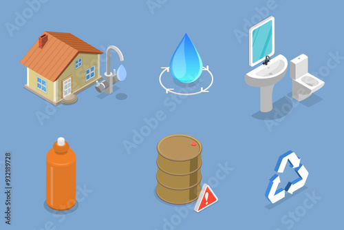 3D Isometric Flat Vector Illustration of Water Conservation, Rainwater Collection for Resource-Saving
