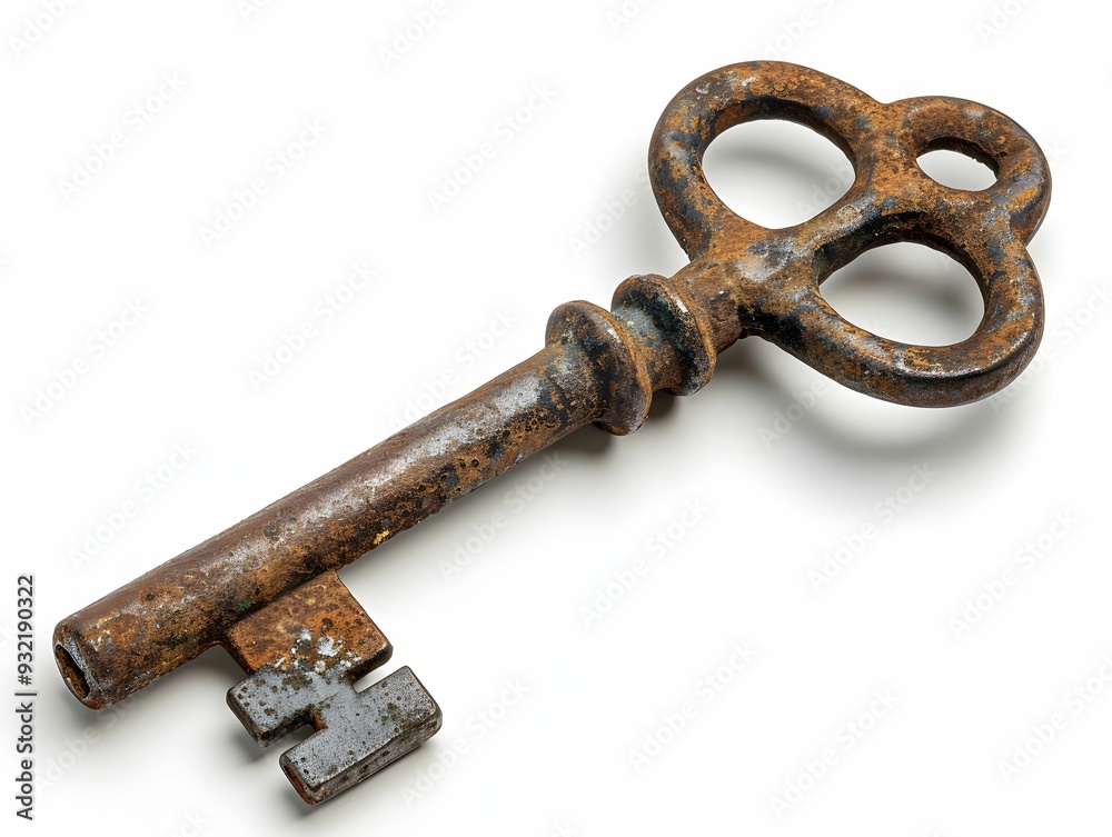 Antique iron key with intricate design resting on a white background Antique iron key with intricate design resting on a white background