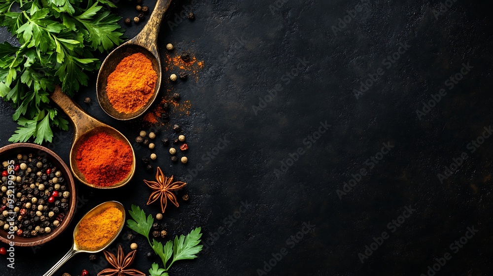 A flat lay of spices, herbs and peppercorns on a dark background. A flat lay of spices, herbs and peppercorns on a dark background.
