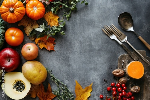 Autumnal Food and Utensils on a Gray Background photo