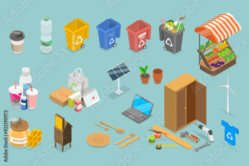 3D Isometric Flat Vector Illustration of Zero Waste Objects Collection, Eco-Friendly Products