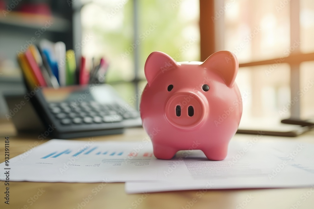 Piggy Bank on Financial Report for Savings and Investment - A pink piggy bank sits on a financial report with a calculator in the background, symbolizing savings, investment, financial planning, wealt Piggy Bank on Financial Report for Savings and Investment - A pink piggy bank sits on a financial report with a calculator in the background, symbolizing savings, investment, financial planning, wealt