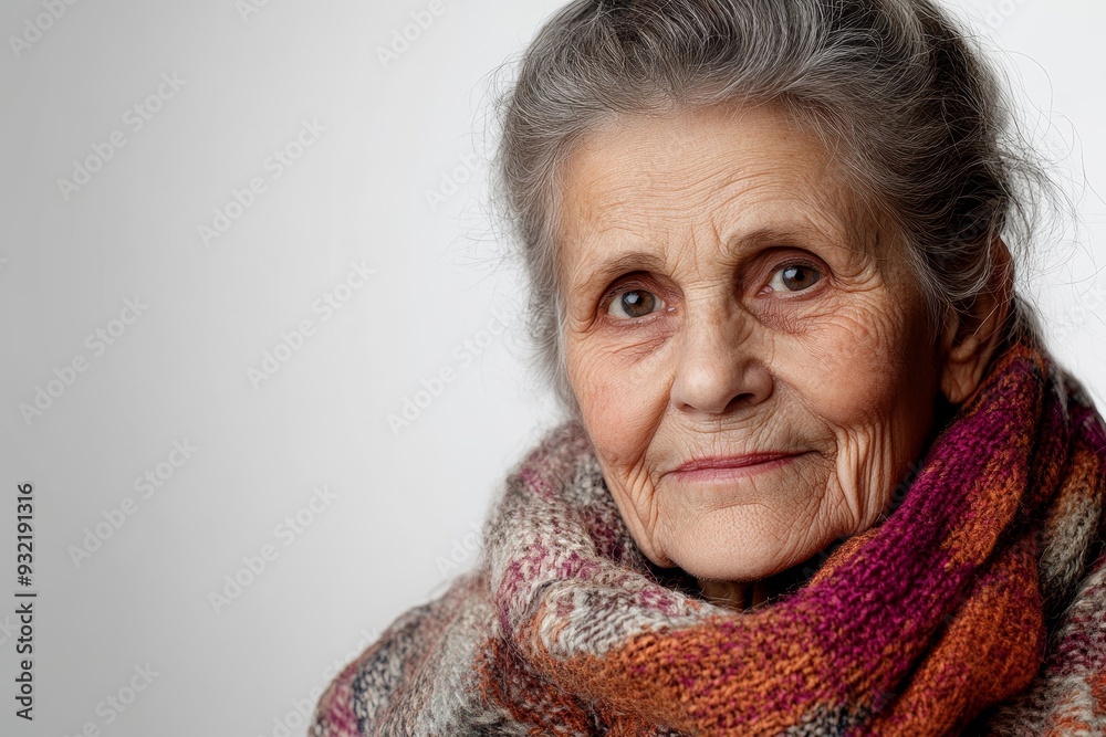 Portrait of a Smiling Senior Woman with Grey Hair - A senior woman with grey hair smiles warmly at the camera, her face etched with the passage of time. The soft light caresses her features, highlight Portrait of a Smiling Senior Woman with Grey Hair - A senior woman with grey hair smiles warmly at the camera, her face etched with the passage of time. The soft light caresses her features, highlight