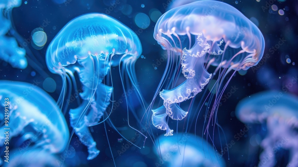 Softly glowing jellyfish drift peacefully in the deep ocean, creating a mesmerizing underwater spectacle Softly glowing jellyfish drift peacefully in the deep ocean, creating a mesmerizing underwater spectacle