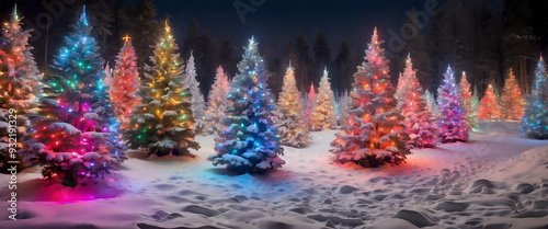 Snow covered forest of christmas trees covered in colorful lights.