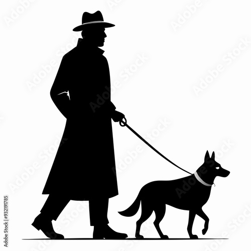 A silhouette of a man walking a German shepherd dog. the man is wearing a long coat and a hat, holding the leash of a German shepherd. The dog is walking alongside the man, a German shepherd puppy SVG